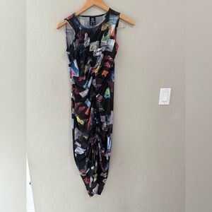 Afends Recycled Mesh Abstract Print Ruched Maxi Dress Black Multicolor Size S